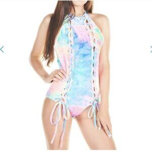 iHeartRaves Totally Twisted Tie-Dye Lace-Up Bodysuit for Raves, Festivals